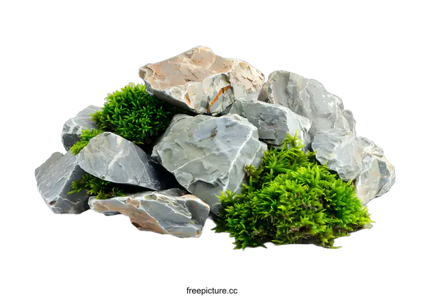 [Transparent Background PNG]Close Up Of Grey Rocks And Green Moss Isolated On White Background