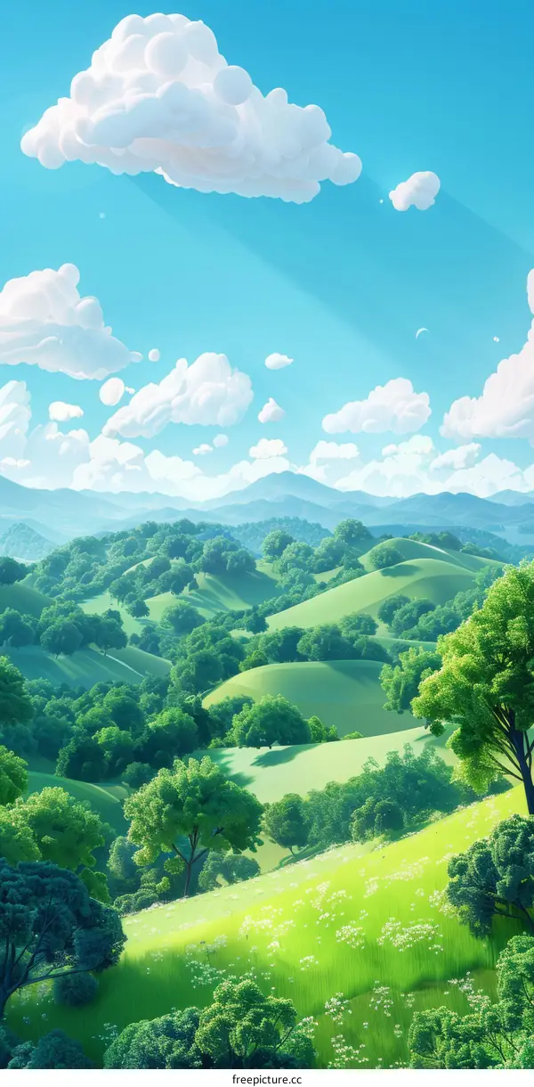 Rolling green hills under a blue sky with white clouds