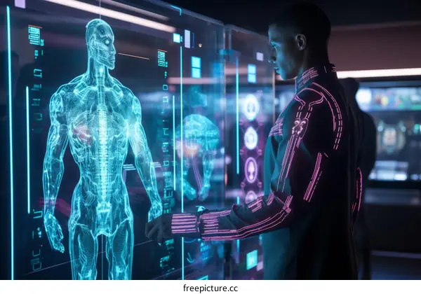 Black man in futuristic suit studies 3D anatomical model