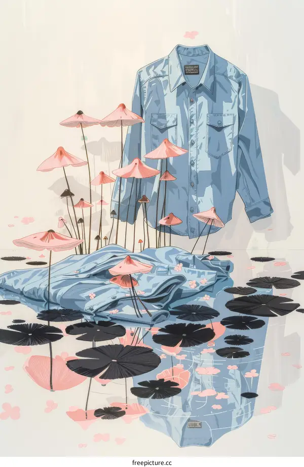 Reflections of Serenity: Blue Shirt and Pink Mushrooms