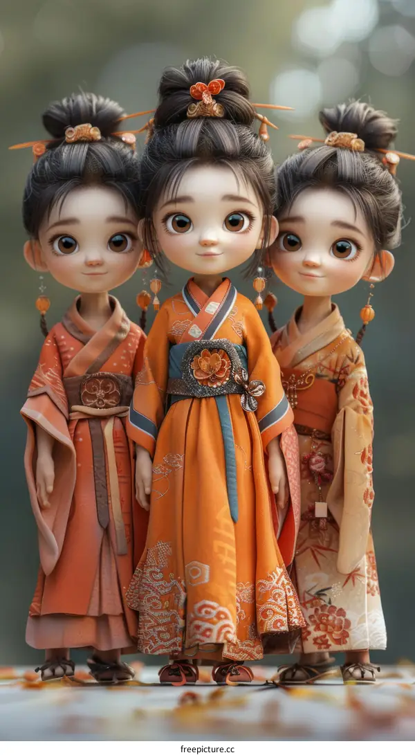 Three Cute Cartoon Chinese Girls in Traditional Clothing