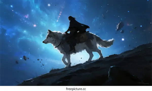 A lone figure riding a wolf through a starry cosmic landscape