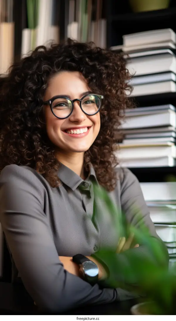 Portrait of a young woman with curly hair smiling wearing glasses in front of a bookshelf