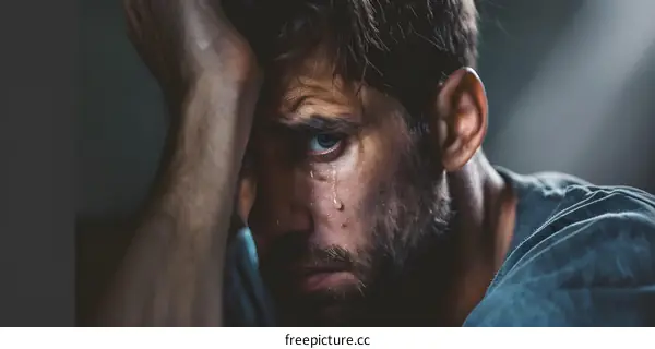 A portrait of a man with a beard and a blue eye