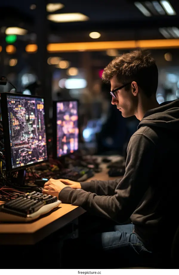 Young male gamer wearing glasses sits at his computer desk in a dark room