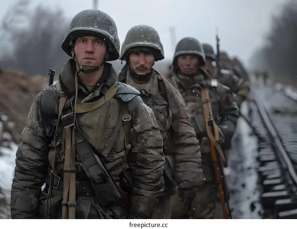 Ukrainian soldiers walk along a railway track in eastern Ukraine