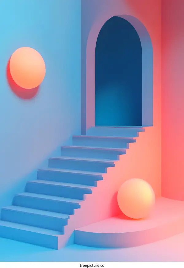 Abstract 3D Staircase With Archway and Pink and Blue Lighting