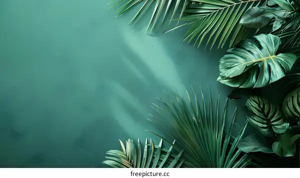 Tropical Leaves on Green Background with Light