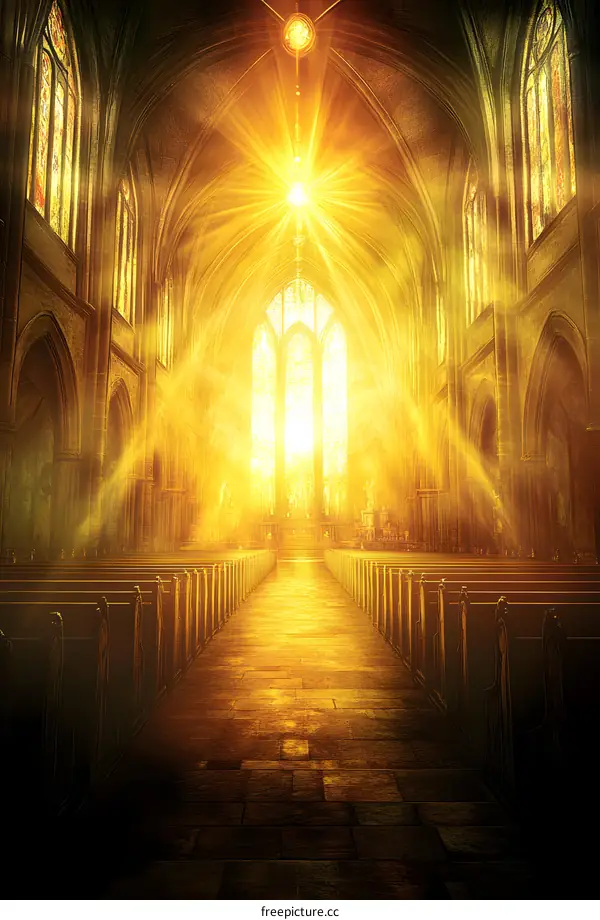 Sun Light Shining Through Stained Glass Window in Church