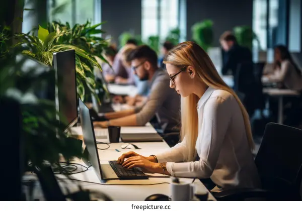 A woman working at her desk in an office full of plants