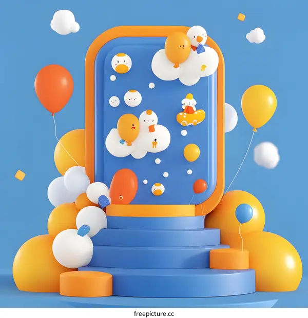 Cartoon Illustration of Colorful Balloons and Clouds on Blue Background