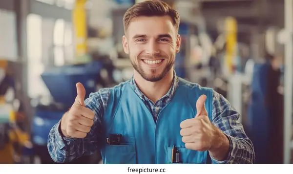 Happy Caucasian Male Mechanic Giving Thumbs Up in Workshop
