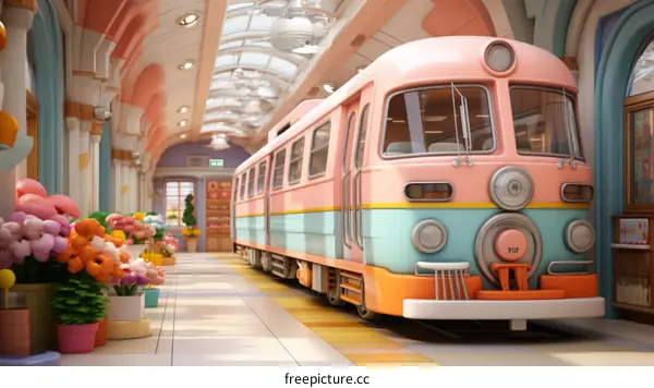 A pink and blue train is in a station with a pink background