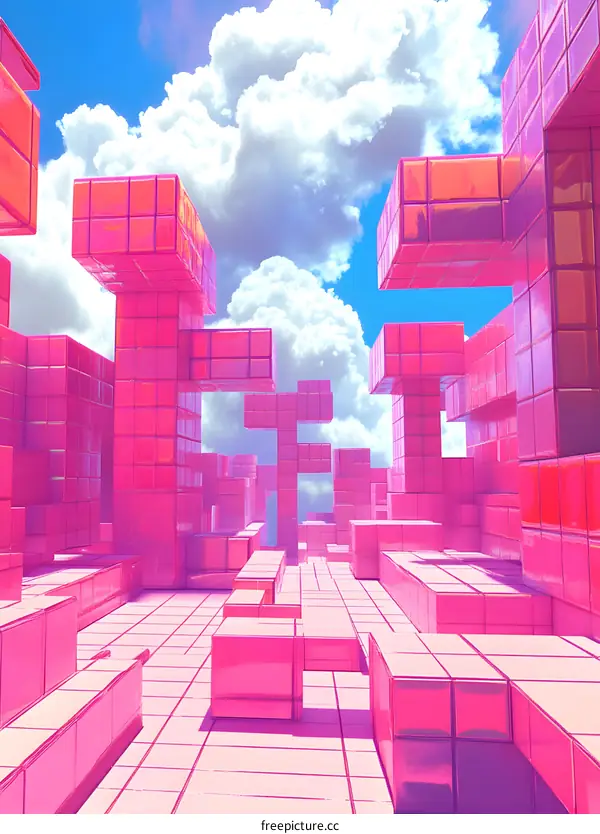 Pink Cube Abstract Cityscape Digital Art