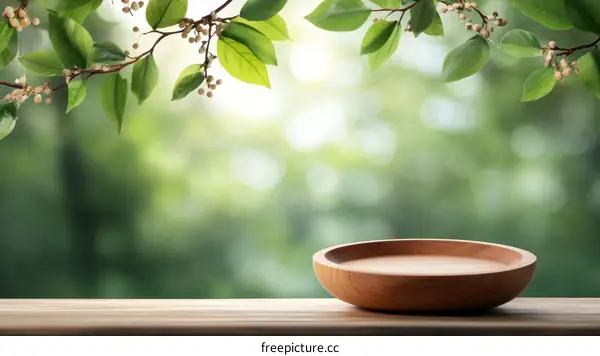 Empty Wooden Bowl on Wooden Table Nature Background