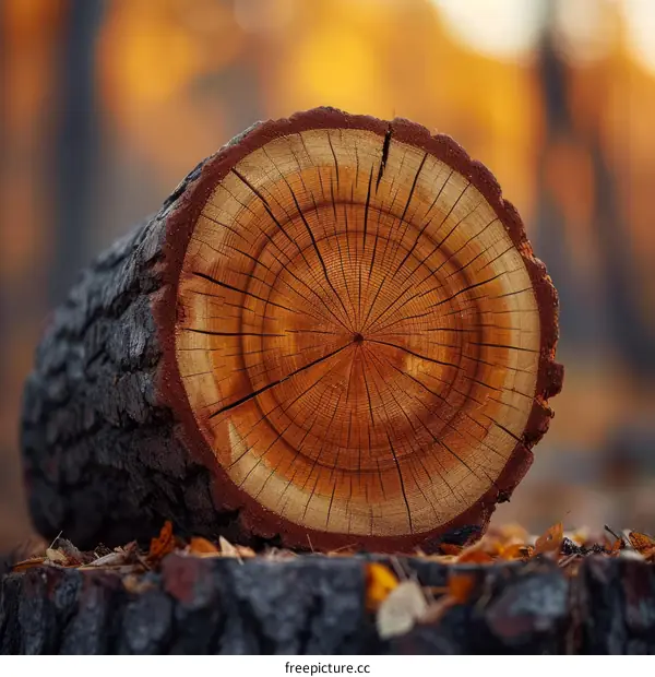 A cross section of a tree trunk shows the annual growth rings.