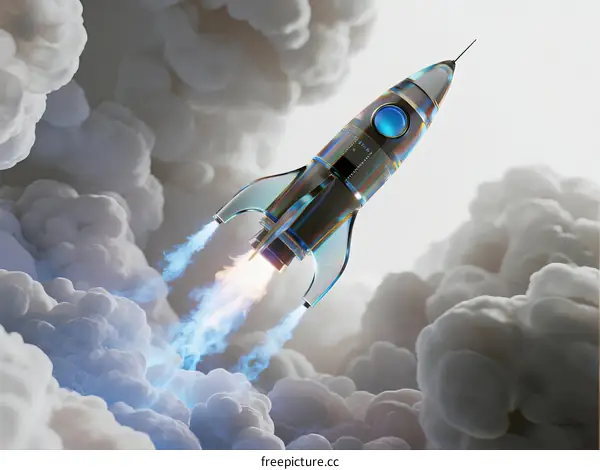 A rocket soars through clouds with bright blue flames