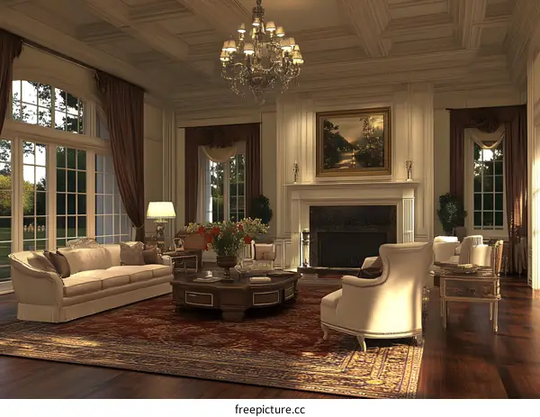 Luxury Living Room Interior Design With Fireplace And Chandelier