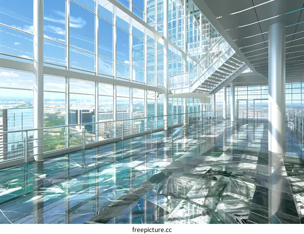 Modern Office Building Interior with Floor to Ceiling Windows