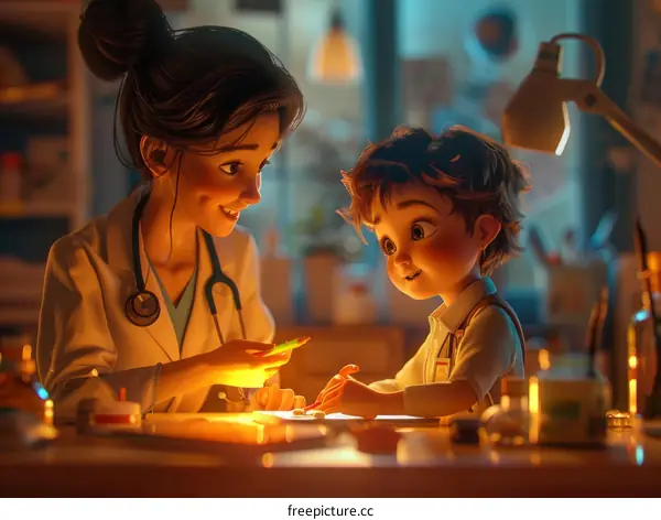 A female doctor is talking to a young boy in a hospital.