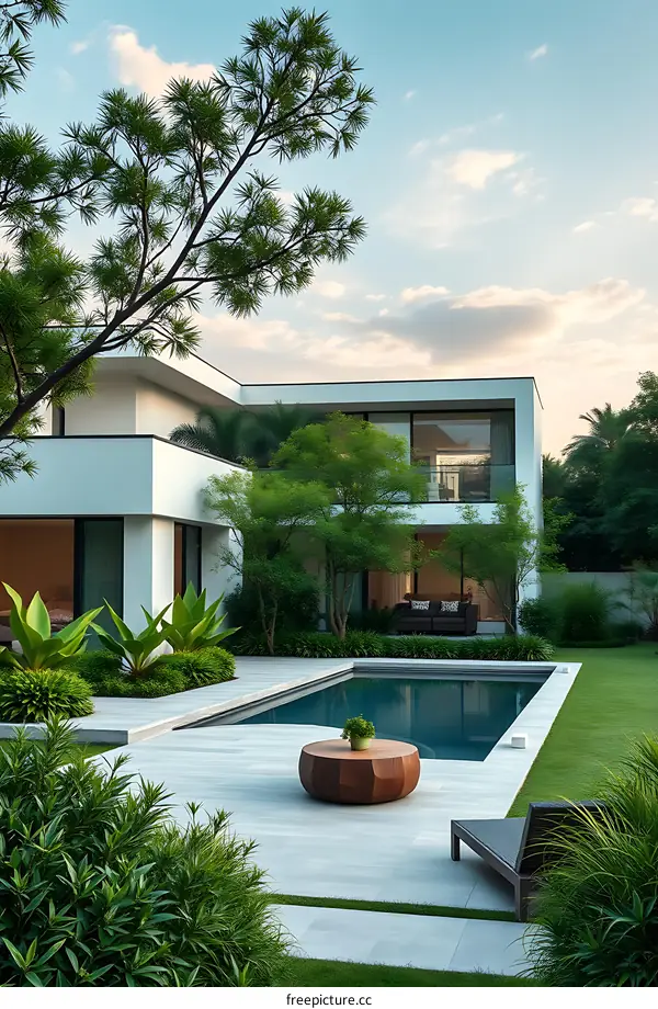 Modern House with Swimming Pool and Lush Greenery