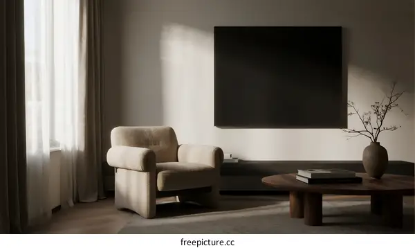 Minimalist living room with comfortable armchair and large TV