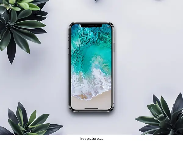 Smartphone with Ocean Background Wallpaper on White Background