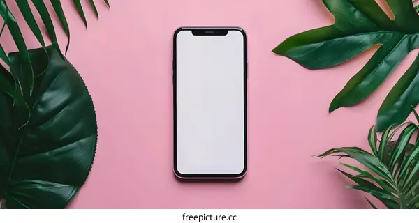 Tropical Leaves with Blank Screen Smartphone Mockup on Pink Background