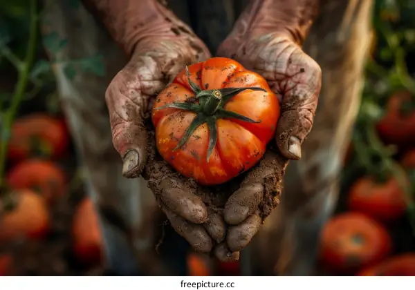 Farmer holding a tomato in his hands