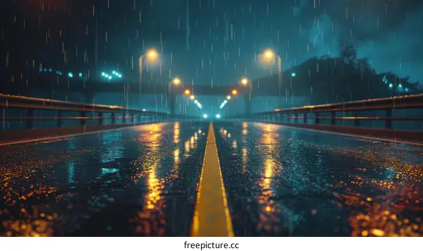 Rainy night road with street lights and cars