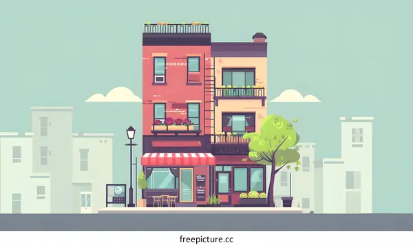 Cute Flat Style Illustration of a City Building with a Cafe