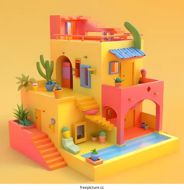 Colorful 3D House Illustration with Pool and Cactus