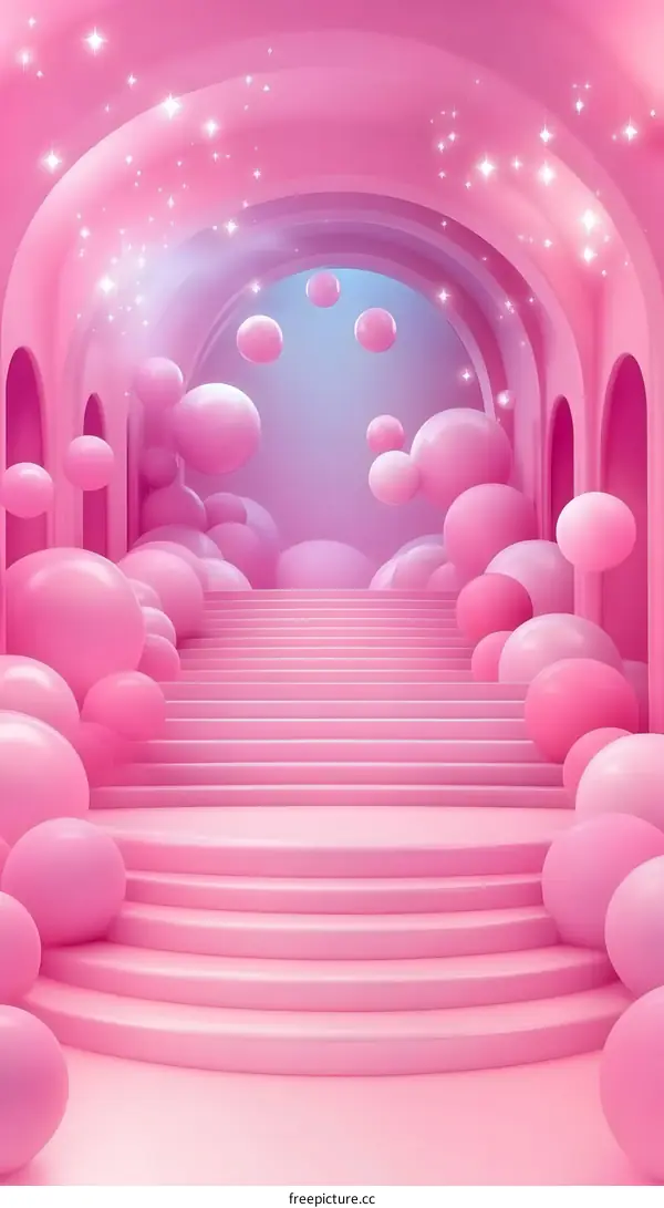 Pink Staircase with Floating Bubbles and Stars