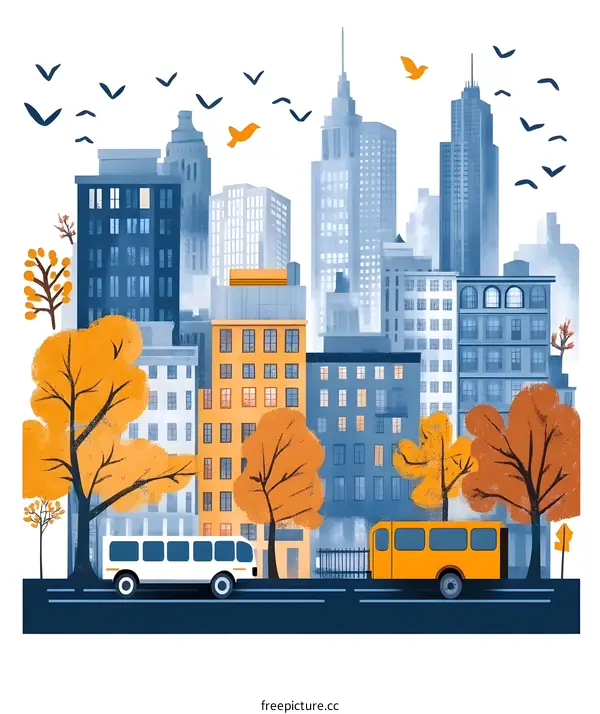 Autumn Cityscape With Bus and Birds