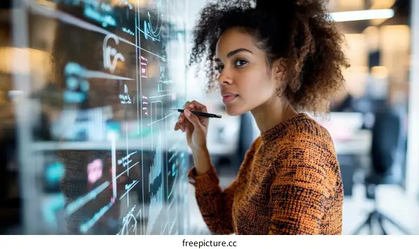 Black woman working on interactive whiteboard in office