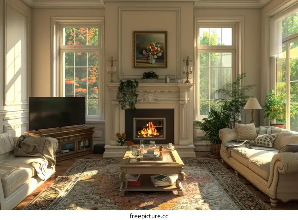 Luxurious living room interior with fireplace and large windows