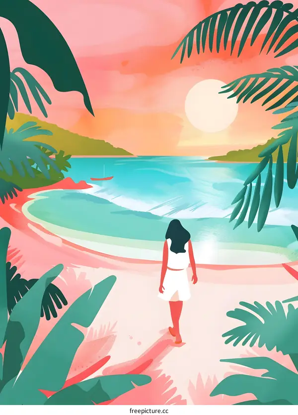 Woman in White Dress Walking on Beach with Sunset