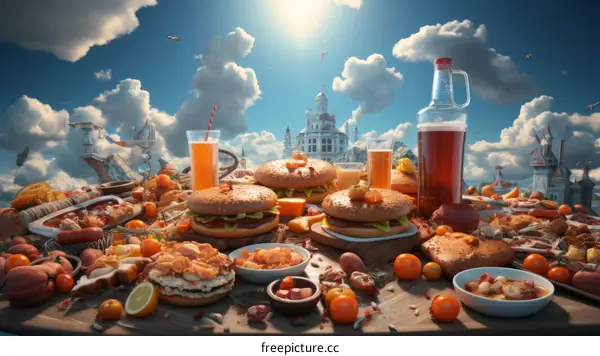 A table full of food with a castle in the background