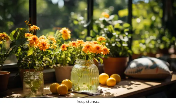 Still life with lemons and flowers in sunlight