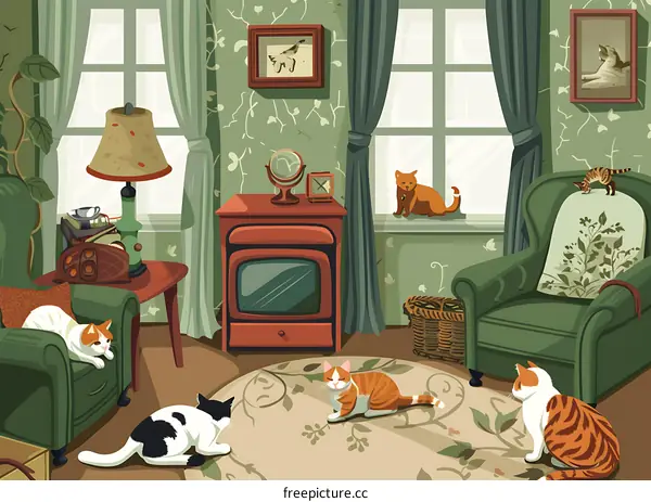 Cozy Vintage Living Room with Cats and Fireplace