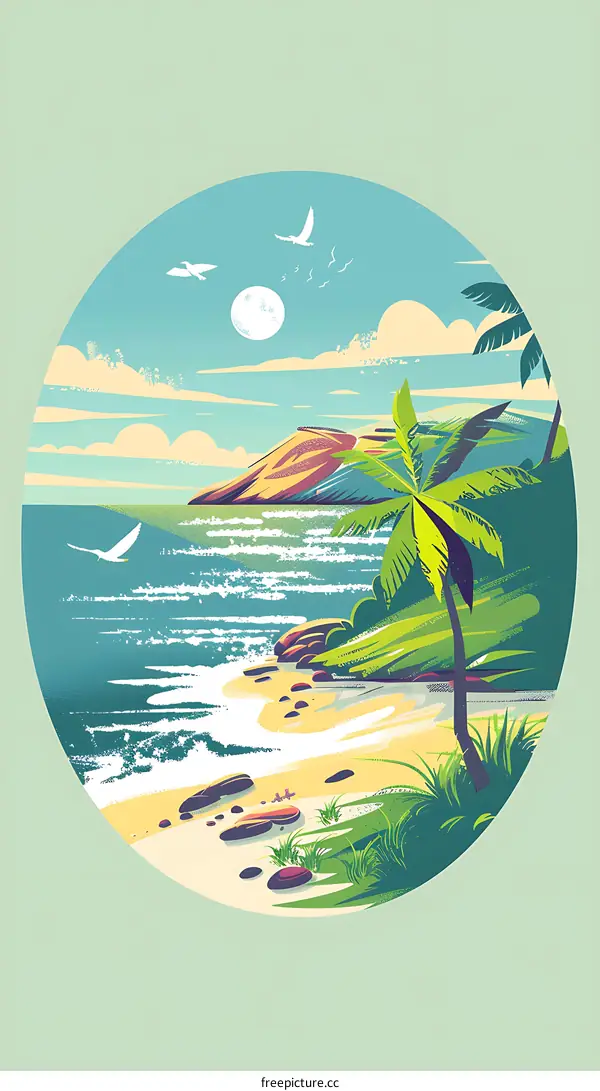 Tropical Beach Illustration with Palm Trees and Seagulls