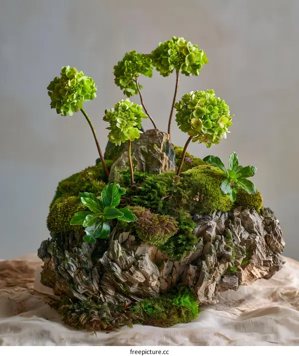 Green Mossy Rock Arrangement with Small Plants