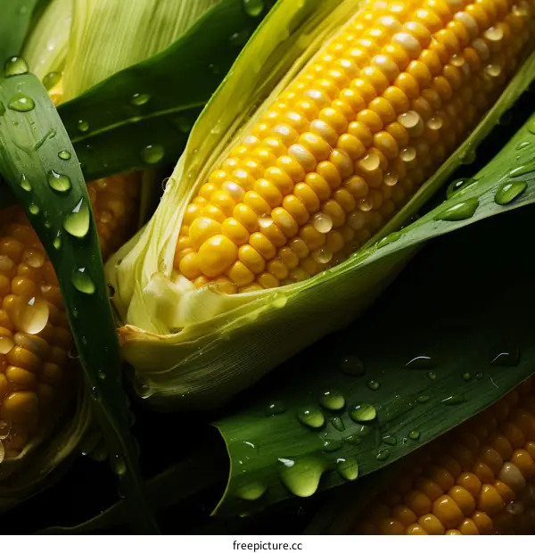 Close-up of Corn on the Cob with Fresh Green Leaves