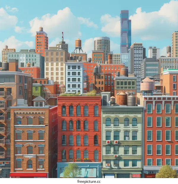 Cityscape of Colorful Buildings Against Blue Sky and Clouds