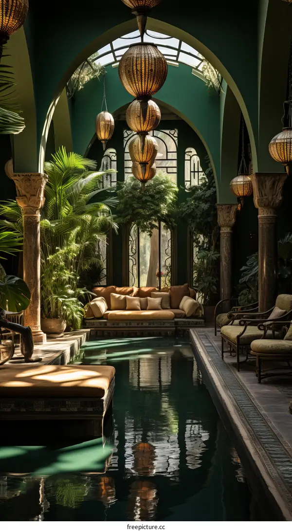 Indoor pool with green walls and plants