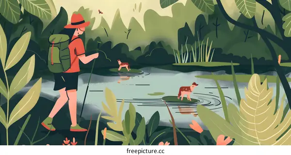 Woman Hiking Through Lush Green Forest With Backpack and Walking Stick