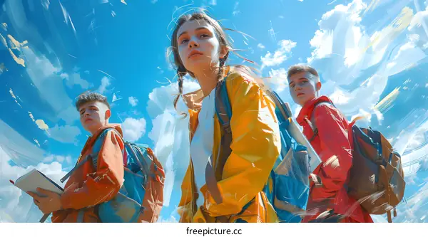 Three Young People Looking Up at the Sky in an Artistic Illustration