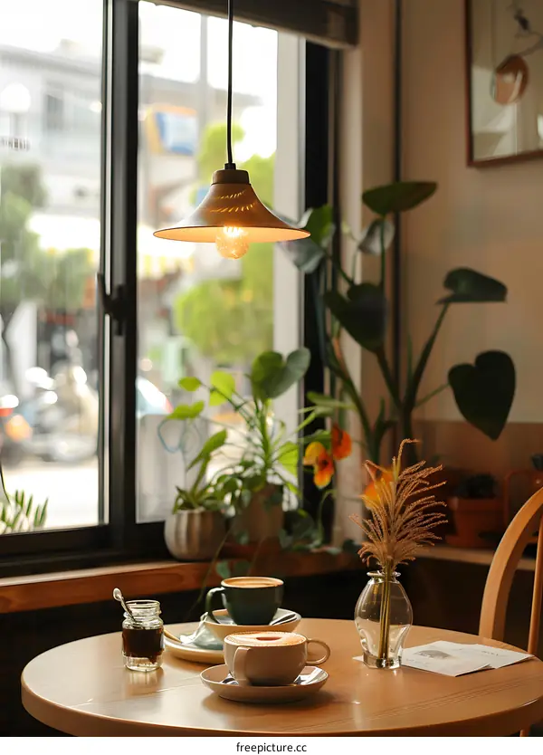 Coffee Shop Table with Two Cups of Coffee, Plants, and a Light Fixture