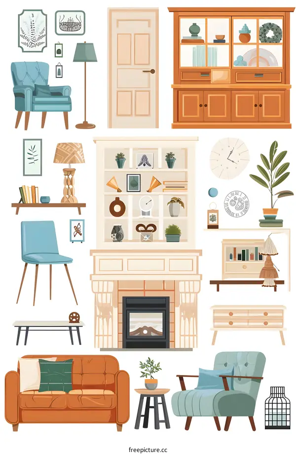 Collection of Living Room Furniture and Decor Elements