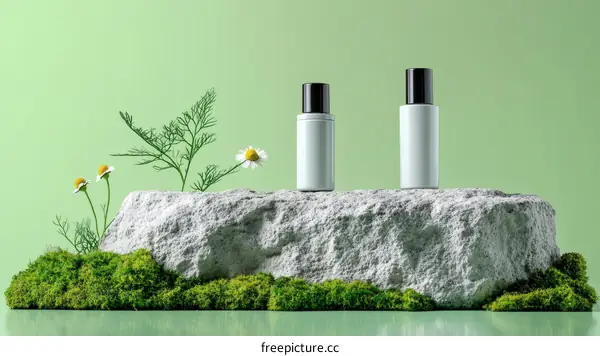 Natural Cosmetic Bottles on a Stone Pedestal